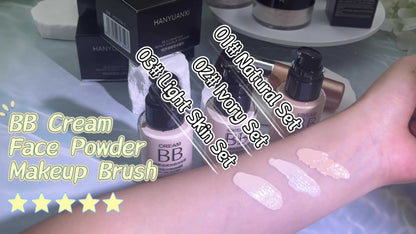 BB Cream Makeup Kit with Loose Setting Powder Brush & Sponge – Full Coverage Waterproof Long-Lasting Hydrating Foundation Set for All Skin
