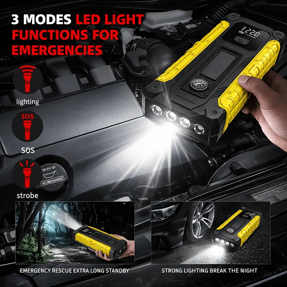 Portable Car Jump Starter with Tire Inflator – 3000A Peak 12V Battery Booster, USB Power Bank, LED Emergency Light