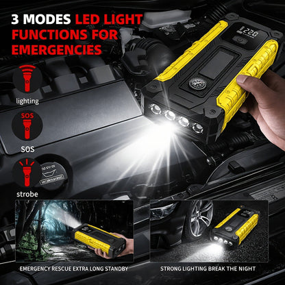 Portable Car Jump Starter with Tire Inflator – 3000A Peak 12V Battery Booster, USB Power Bank, LED Emergency Light