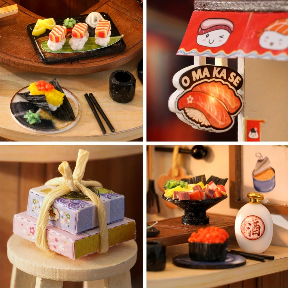 DIY Wooden Tiny House Kit with Dust Cover, Handmade Miniature Dollhouse Puzzle, 3 Themes Afternoon Tea Rotating Food House Moon Magic