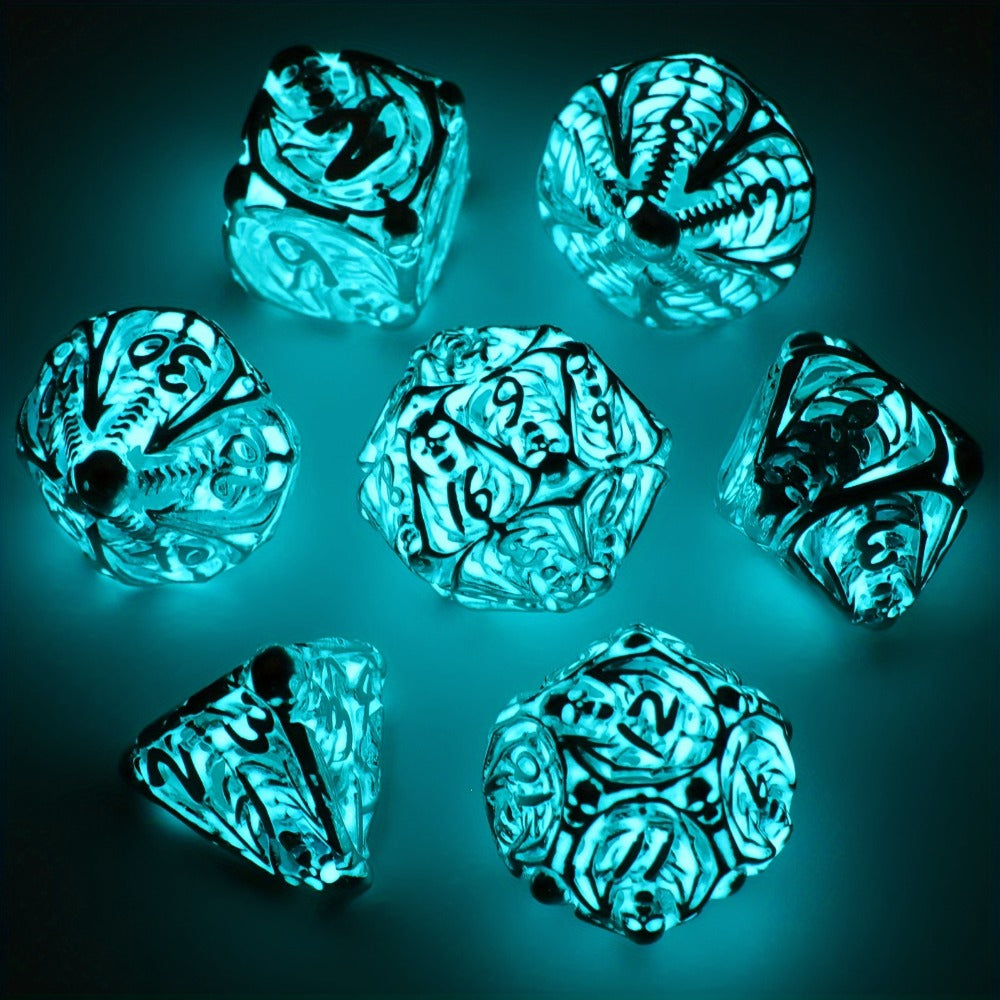 Metal Skull Dice Set 7pcs Glow in the Dark, Hollow UV Fluorescent Polyhedral DnD RPG Dice for Dungeon Masters