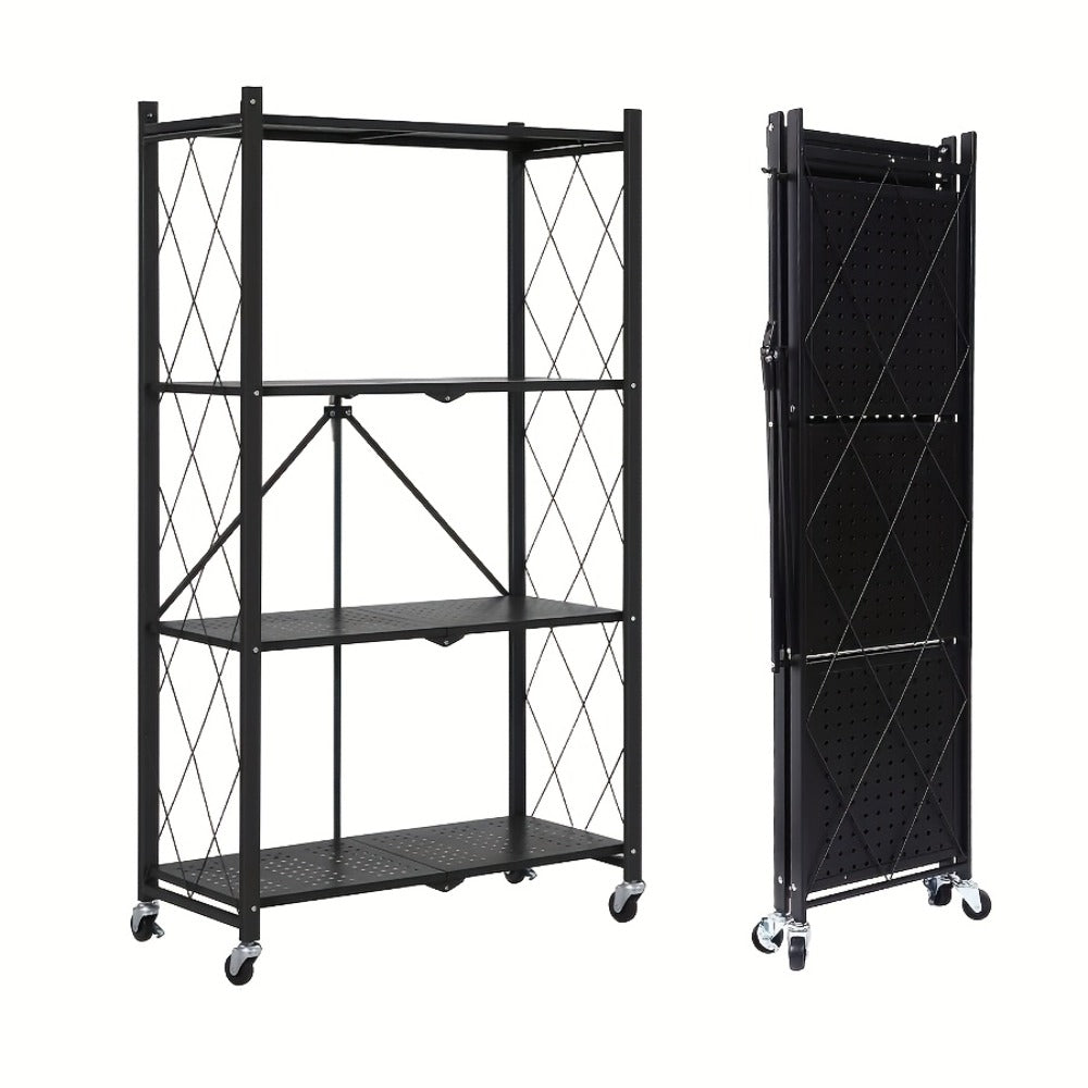 Storage Rack 3-5 Tier Foldable Shelving Unit with Wheels – Portable Multi-Layer Floor Standing Utility Shelf Organizer for Bedroom Closet