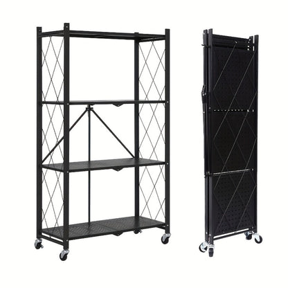 Storage Rack 3-5 Tier Foldable Shelving Unit with Wheels – Portable Multi-Layer Floor Standing Utility Shelf Organizer for Bedroom Closet