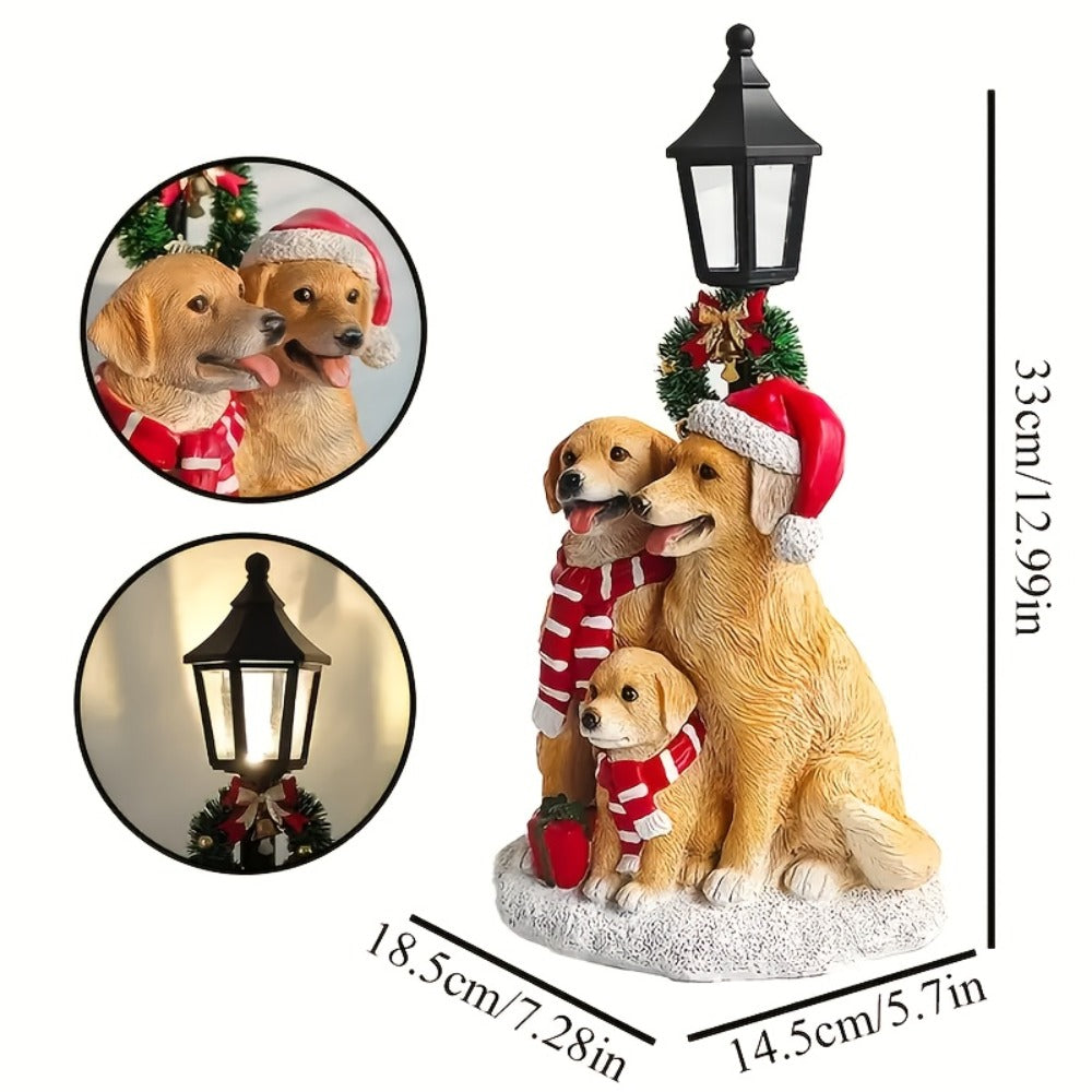 Golden Retriever Family LED Christmas Figurines - Realistic Resin Dog Statues with Santa Hats