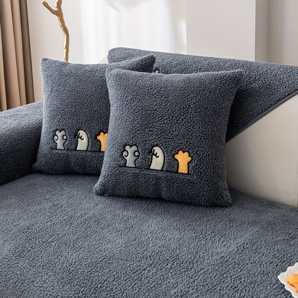Sofa Cover Thick Plush Shearling Panels with Animal and Bone Embroidery and Backing Detail for 2 to 4 Seats