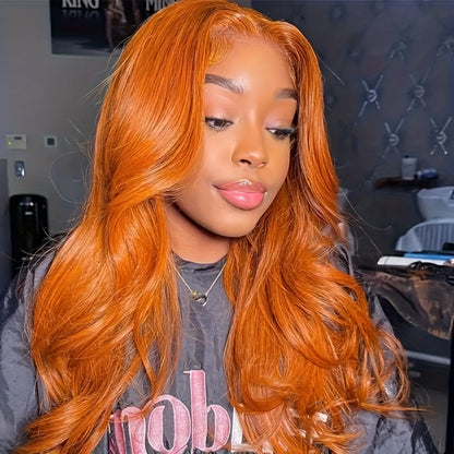 Lace Front Wig Ginger-Orange Body Wave Human Hair, 14- or 20-Inch Style with 4x4 Closure and 150% Density