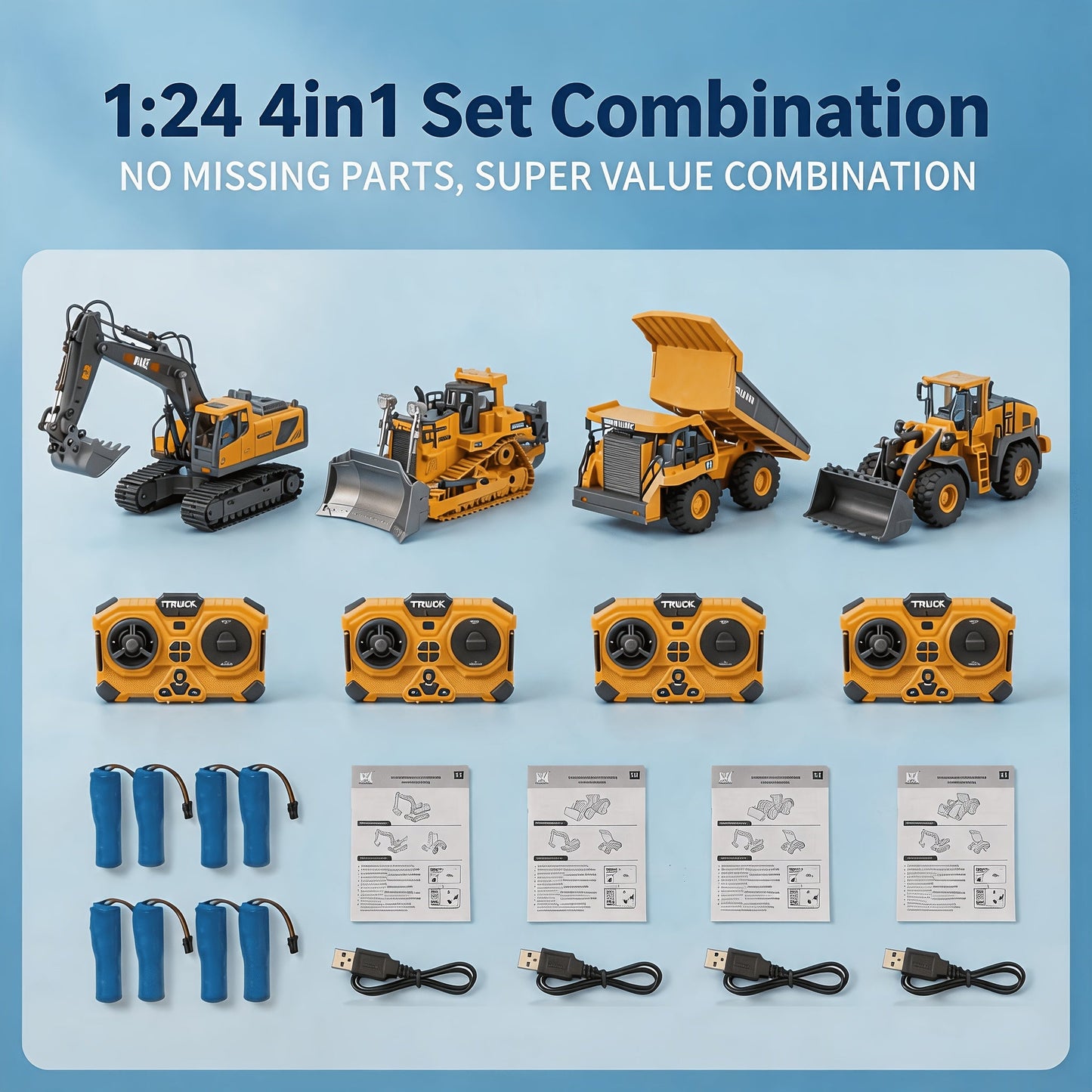RC Construction Vehicle Set 2.4G 11-Channel Remote Control Excavator Dump Truck Bulldozer, 1:24 & 1:64 Alloy Engineering Toy