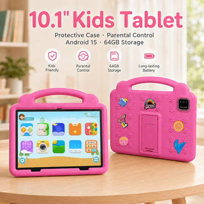 Kids Tablet 10.1 Inch with Android 15, 3GB RAM, 64GB Storage, 1TB Expansion, WiFi 6 and Case