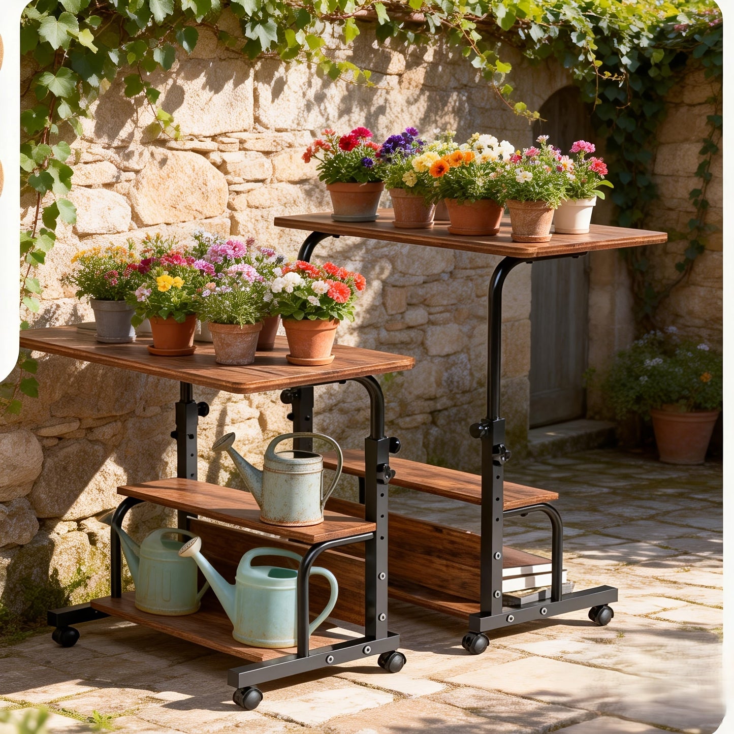 Garden Work Table 31.5" Adjustable Height Mobile Desk with Storage Shelves, Metal Frame, for Patio Outdoor Bedroom Office Potted Plant