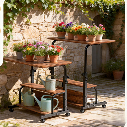 Garden Work Table 31.5" Adjustable Height Mobile Desk with Storage Shelves, Metal Frame, for Patio Outdoor Bedroom Office Potted Plant