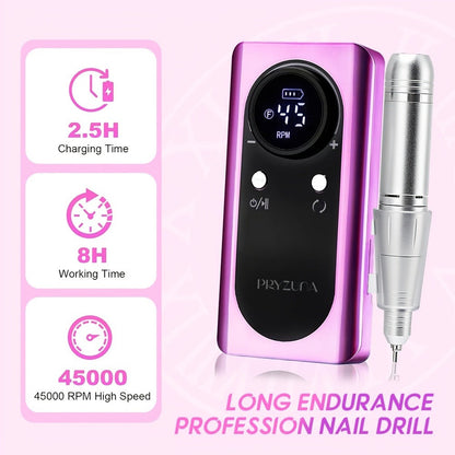 Electric Nail Drill 45000 RPM Brushless Kit with LCD Screen, 6 Bits, 6 Sanding Bands and Belt Clip