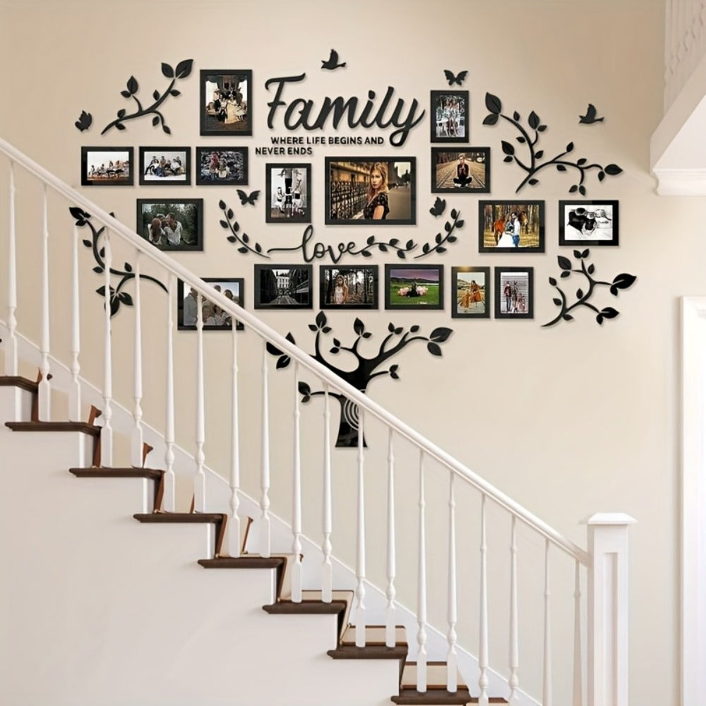Family Tree Wall Sticker 3D Acrylic Photo Frame Collage – Removable Leaf-Shaped Picture Display with "Family" & "Love" Text