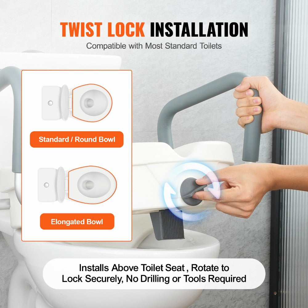 Raised Toilet Seat with Arms for Seniors & Elderly - 5 Inch Elevated Toilet Seat, Twist Lock, Adjustable Armrests with Padding