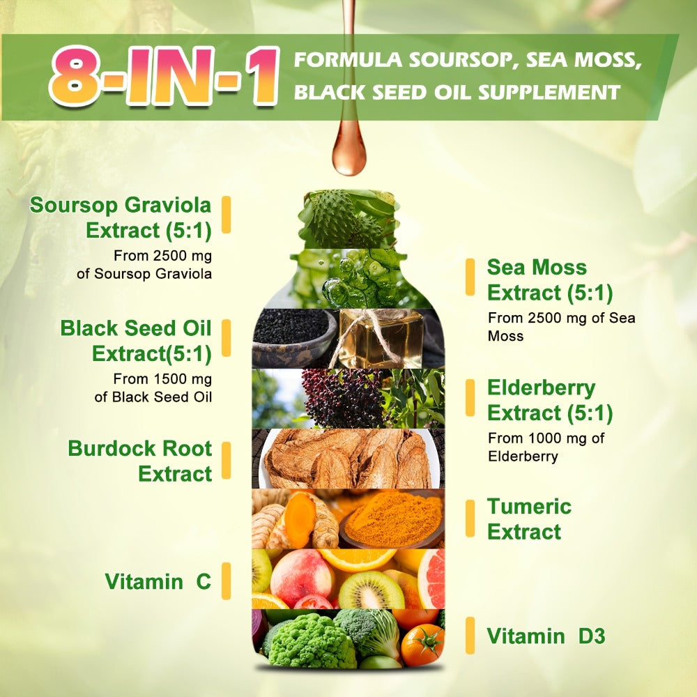 [8-IN-1 Soursop Drops] 1/3 Bottles 8-IN-1 Soursop Liquid Drops, Graviola Leaf & Fruit Complex Supplement With Sea Moss