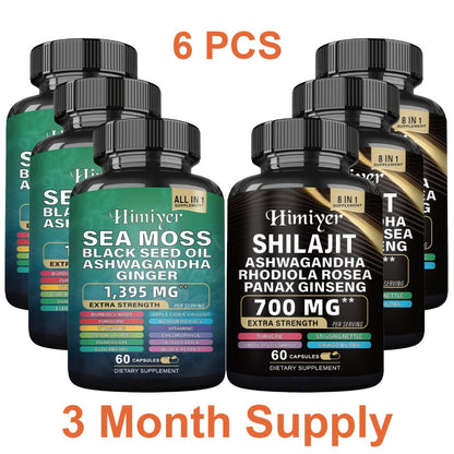 Sea Moss Shilajit Bundle 6-Pack 3-Month Supply with Black Seed Oil Ashwagandha Rhodiola for Bath Time, Home Spa and Personal Care