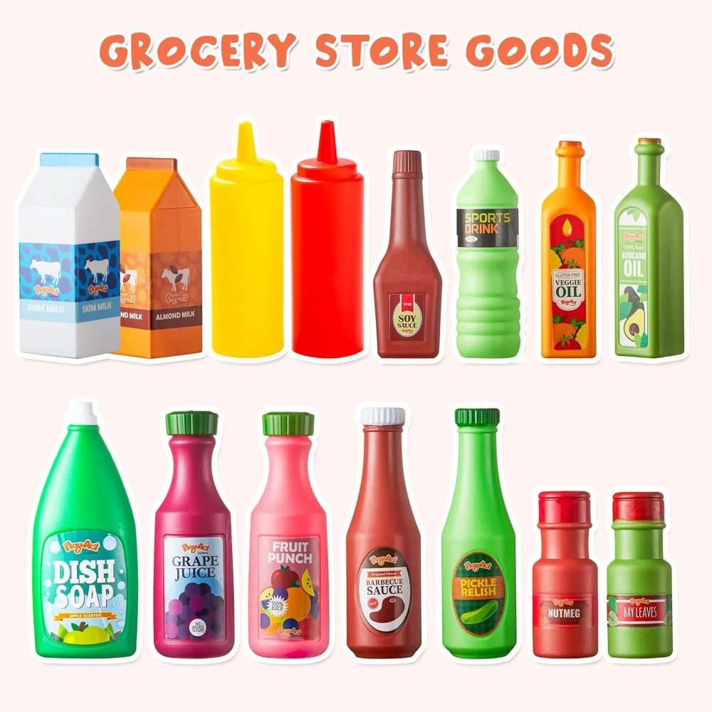 30 Pcs Play Food Grocery Cans Set - Pretend Kitchen Toy with Drinks, Juice, Snacks & Yogurt, Safe