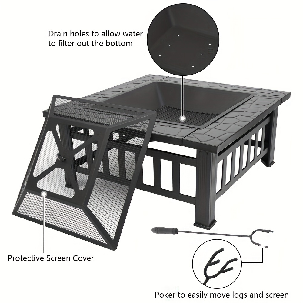 Black Square Fire Pit Table with Raised Mesh Cover, Perforated Side Panels and Wood-Burning Bowl