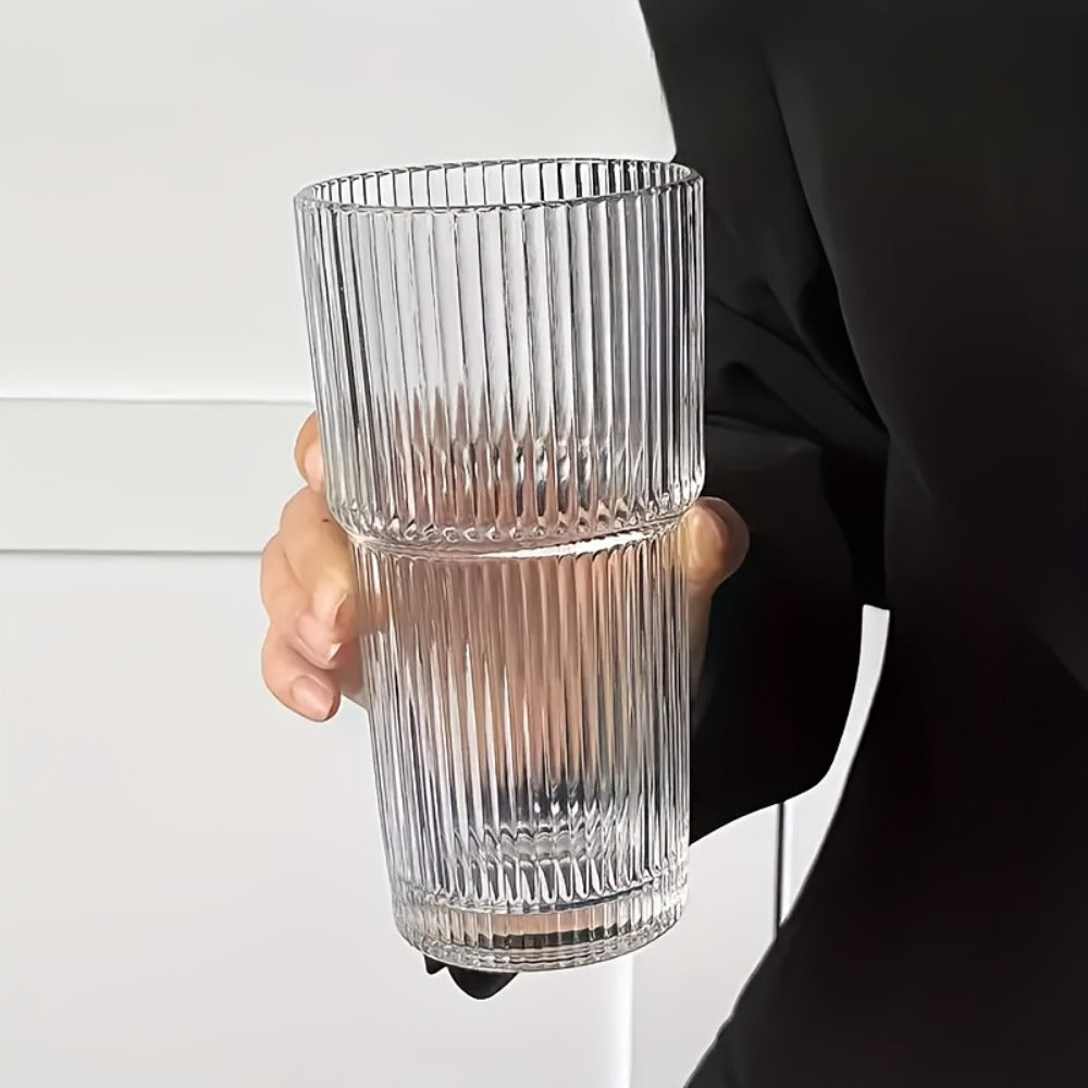 Striped Drinking Glasses with Lids and Glass Straws, 19-Ounce Tumblers in Two- or Four-Piece Sets
