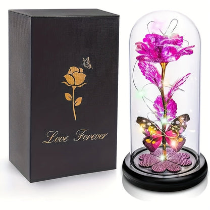 Glass Rose Crystal Flower in Glass Dome with LED Glow - Eternal Galaxy Rose Gift for Women, Mom, Wife