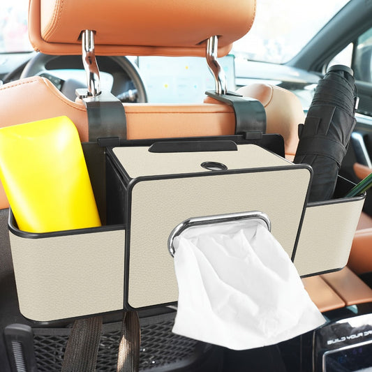 Compact Headrest-Hanging Car Organizer with Two Cup Pockets, Tissue Opening, Hooks and Five Pack Options