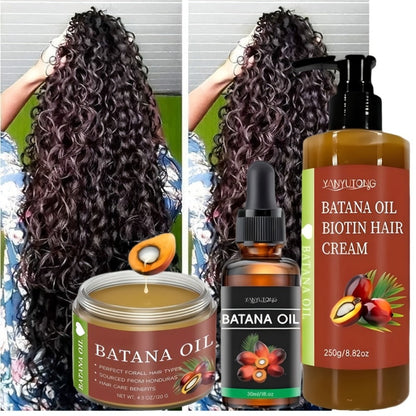 Three-Piece Batana Oil and Biotin Hair Care Set with Pump Cream, Dropper Bottle and Balm Formats