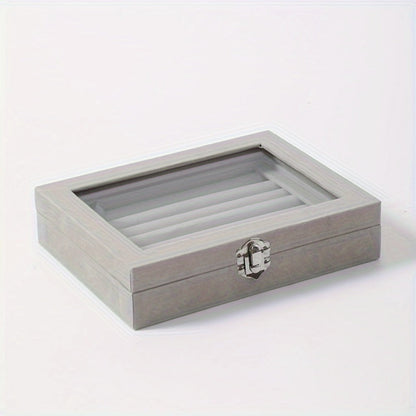 Jewelry Box with Locking Lid – 49-Ring Capacity Glass-Like Plastic Ring & Earring Organizer, Large Rectangular Storage Case