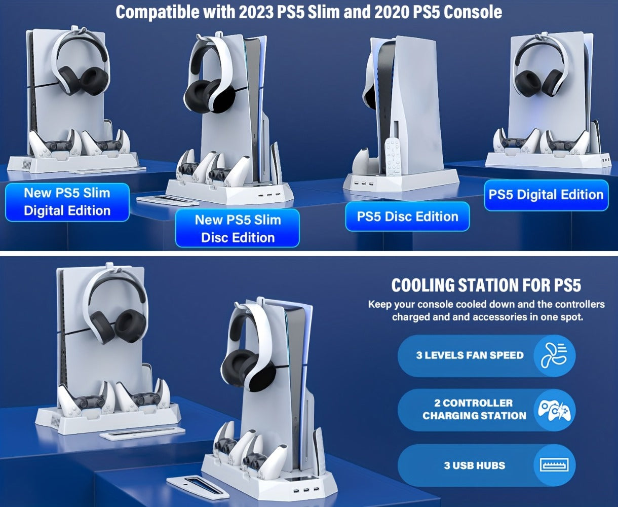 PS5 Cooling Station with Controller Charging Dock - Compatible with PS5 Slim Pro Standard Disc Digital