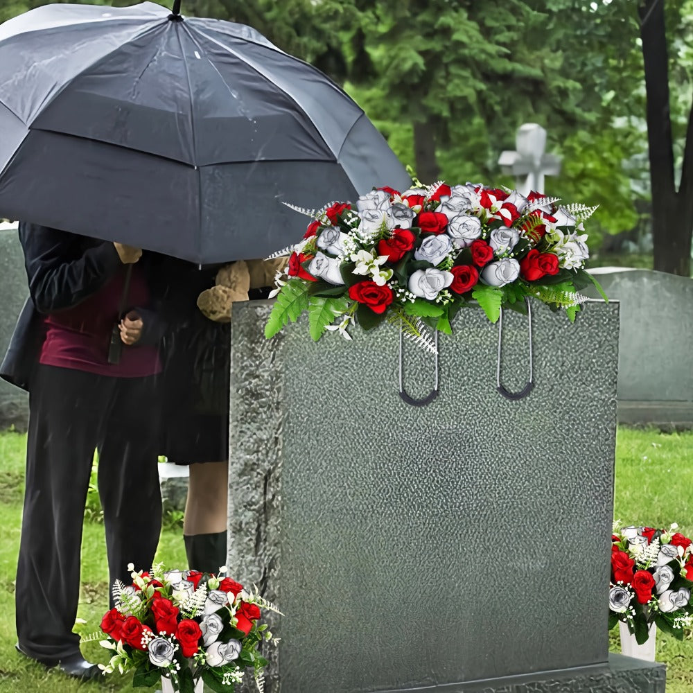 Artificial Cemetery Flowers for Grave with Saddle, Silk Rose Bouquet Headstone Decoration, Memorial Day Grave Flowers