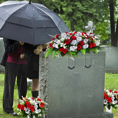 Artificial Cemetery Flowers for Grave with Saddle, Silk Rose Bouquet Headstone Decoration, Memorial Day Grave Flowers