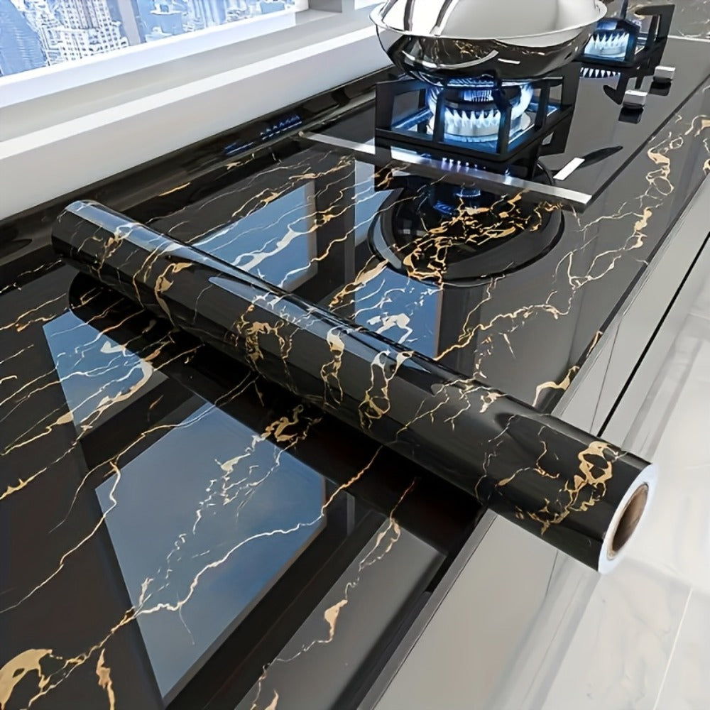 Black Marble Wallpaper Self-Adhesive Peel and Stick | Gold Vein Kitchen Backsplash Contact Paper | 23.62" x 196.85" Large Removable Wall