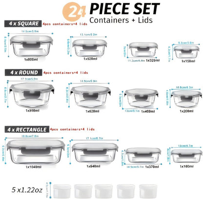 Food Storage Containers 24-Piece Gray Glass Set with 12 Boxes, 12 Matching Lids and Flip-Top Seals