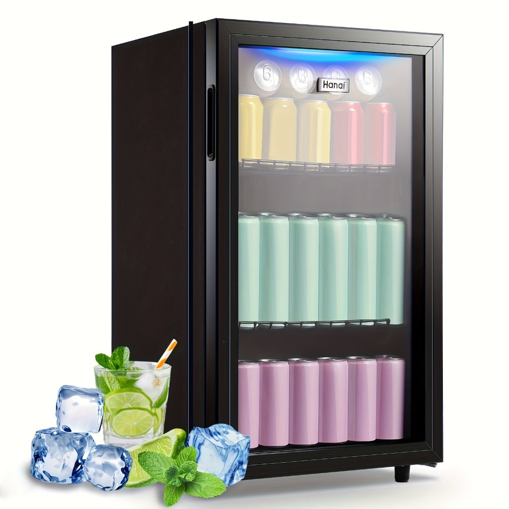 Beverage Refrigerator with Glass Door, Mini Drink Cooler Fridge with Blue LED Light, 3 Adjustable Shelves & R600a Compressor