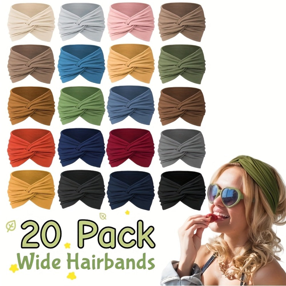 Stretchy Headbands 20 Pack for Women & Men – Soft Sweat-Wicking Non-Slip Elastic Turban Knot Hair Wraps Breathable Solid Colors for Yoga