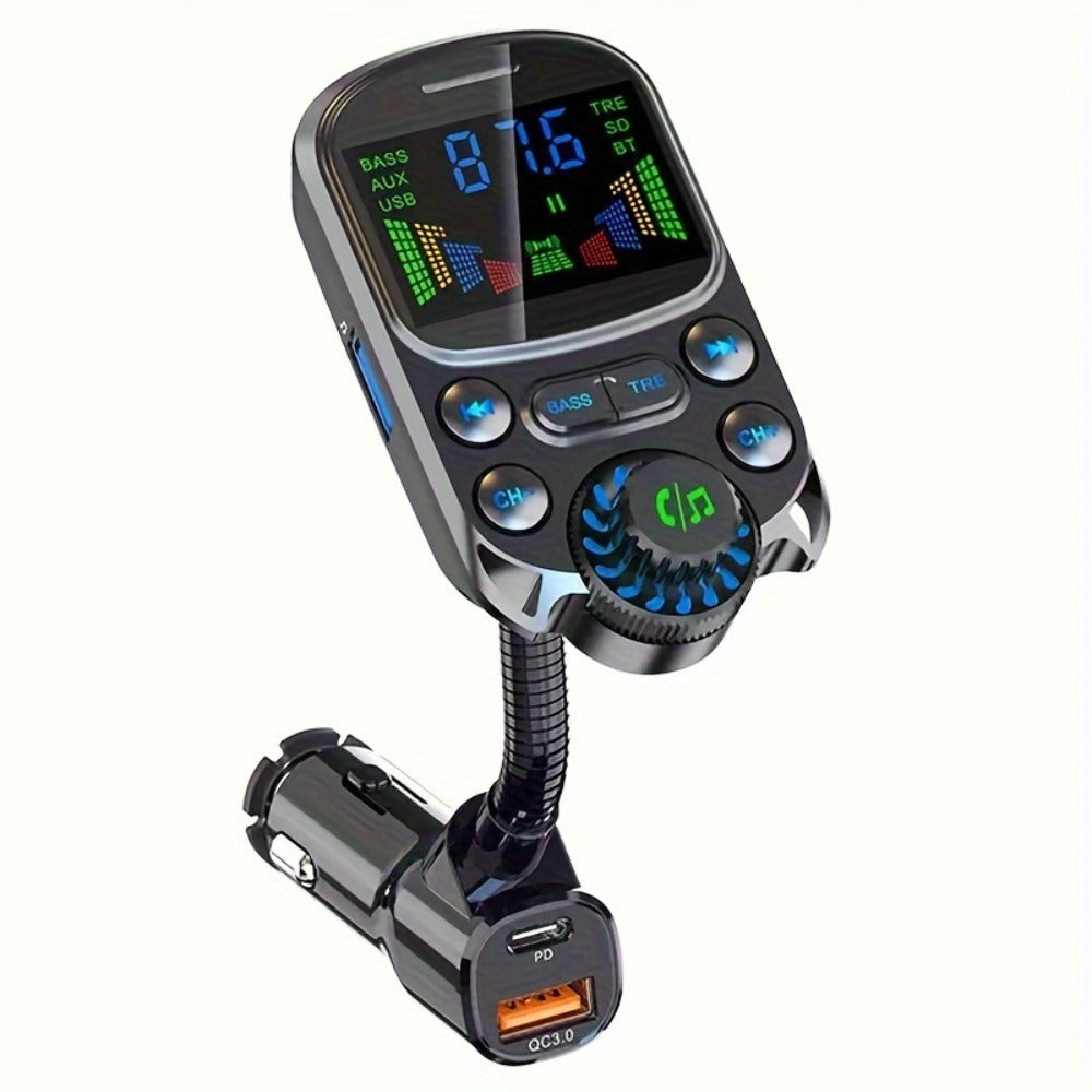 Flexible-Neck Car FM Transmitter with Color Display, USB-C and USB-A Ports, AUX Input and Call Controls