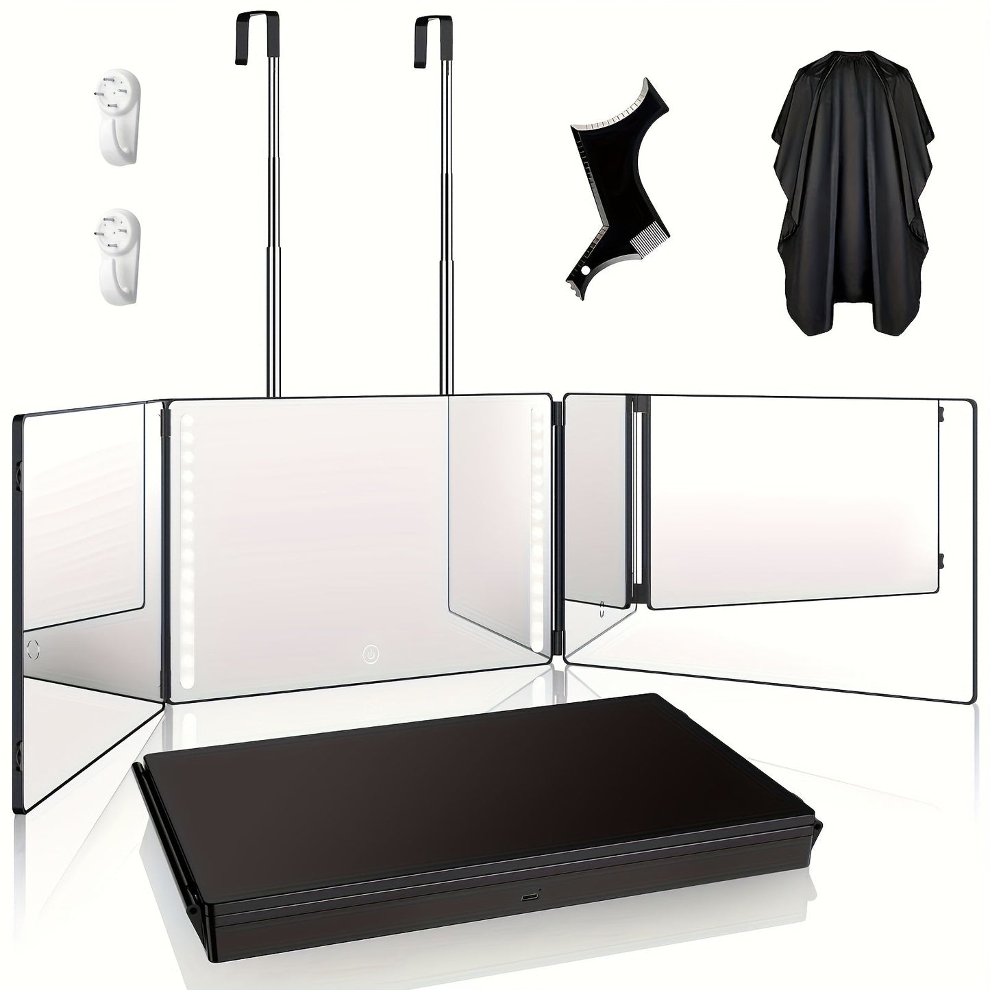 3-Way Self Haircut Mirror with LED Light & Accessories – 360° View Anti-Fog HD Glass, Height Adjustable Door Wall Table Mount