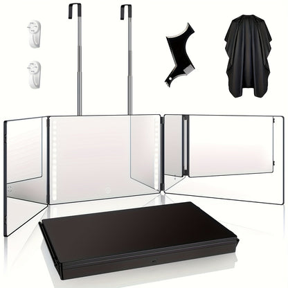 3-Way Self Haircut Mirror with LED Light & Accessories – 360° View Anti-Fog HD Glass, Height Adjustable Door Wall Table Mount