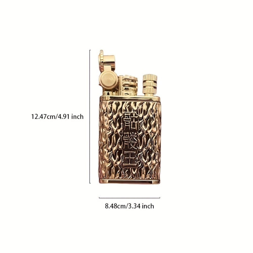 Kerosene Lighter 2-in-1 Permanent Match Flint Wheel Refillable, Golden Windproof Pocket Lighter with Built-In Match Strike