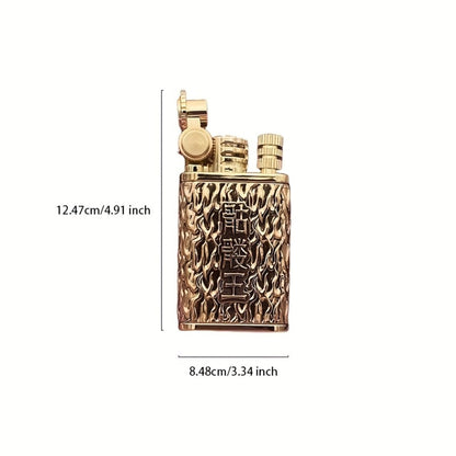 Kerosene Lighter 2-in-1 Permanent Match Flint Wheel Refillable, Golden Windproof Pocket Lighter with Built-In Match Strike