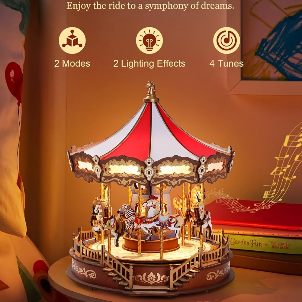 Rolife Carousel Music Box Kit, DIY 3D Wooden Puzzle Architectural Craft Model, Spinning Carousel with Music