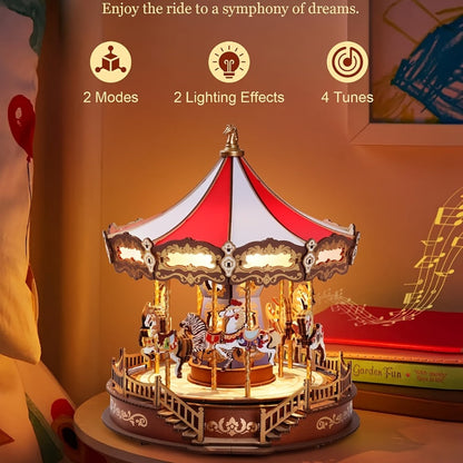 Rolife Carousel Music Box Kit, DIY 3D Wooden Puzzle Architectural Craft Model, Spinning Carousel with Music
