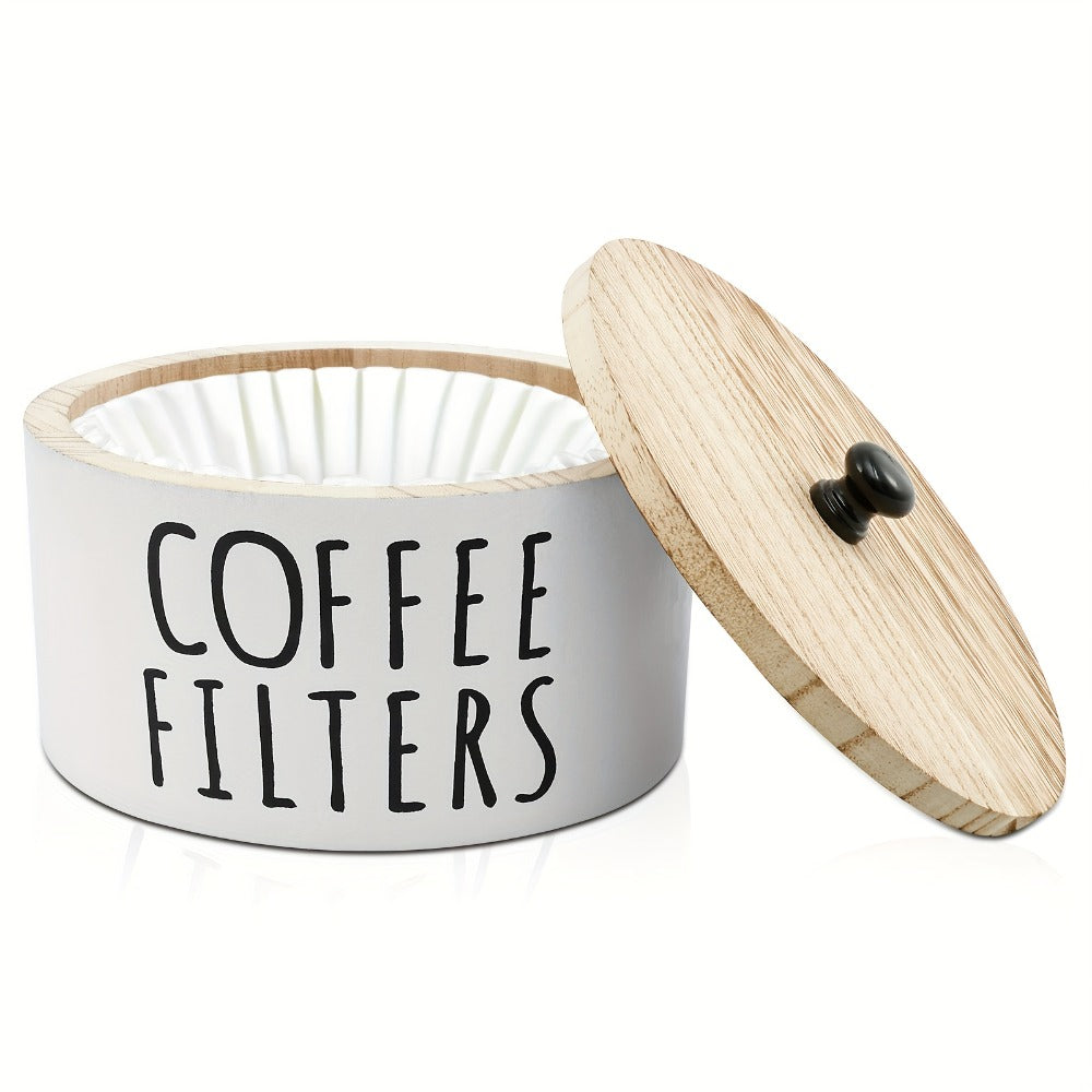 Wooden Coffee Filter Holder with Lid – Large Capacity Rustic Round Organizer Dispenser for Coffee Filters & Tea Bags, Bamboo Lid