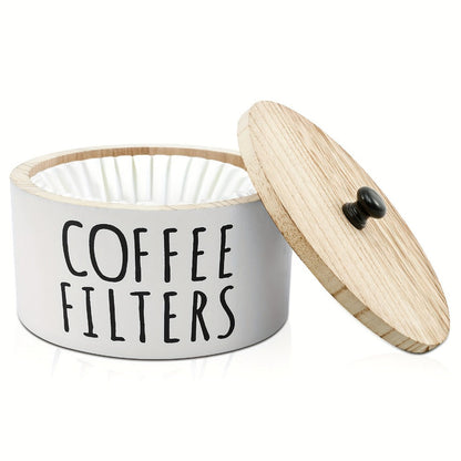 Wooden Coffee Filter Holder with Lid – Large Capacity Rustic Round Organizer Dispenser for Coffee Filters & Tea Bags, Bamboo Lid