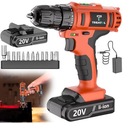 20V Cordless Drill Set Impact Power Drill 3/8 Inch Keyless Chuck 18+3 Clutch 45Nm Max Torque for Entryways, Bedrooms and Living Spaces