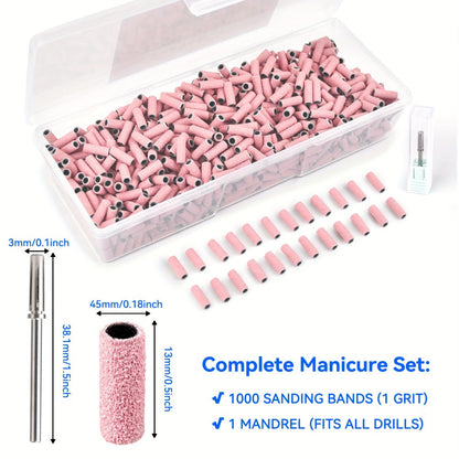 Nail Sanding Bands 1000 Pack with Mandrel Bit – Coarse Medium Fine Grit 3mm Nail Drill Bits for Acrylic Removal