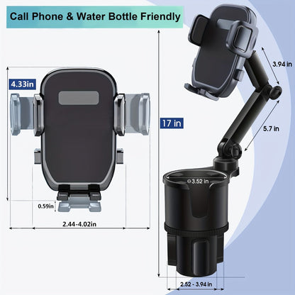 Cup-Holder Car Phone Mount with Bottle Recess, Double-Jointed Long Arm and Rotating Clamp Pictured