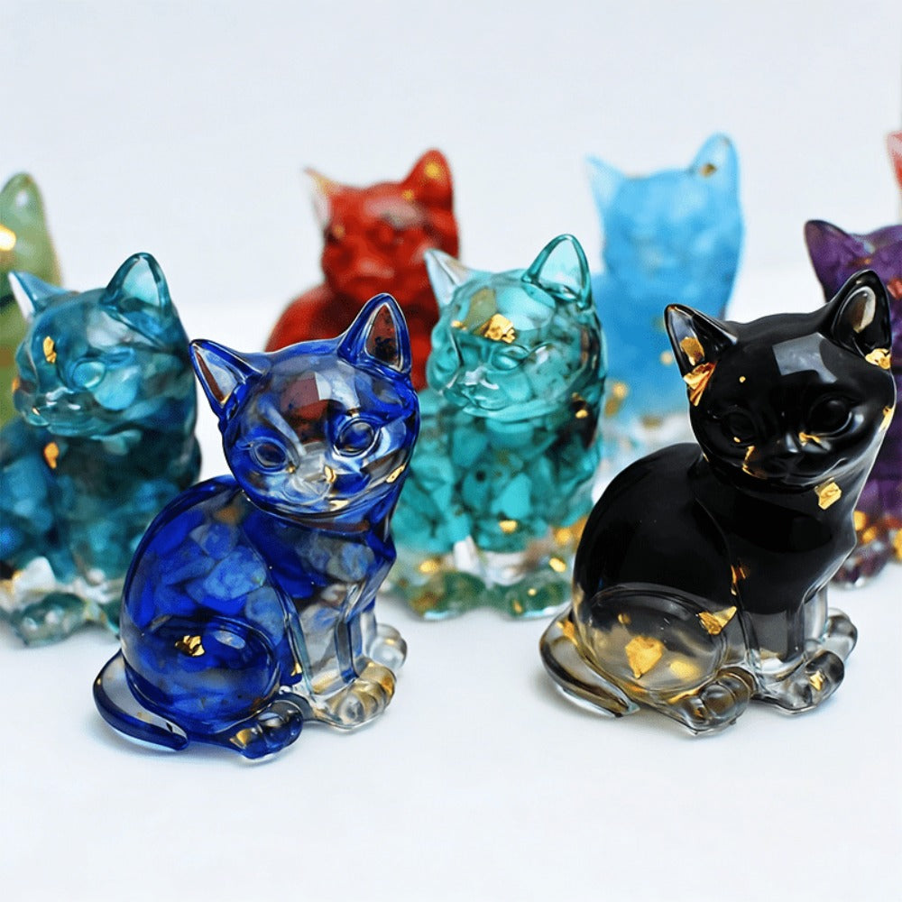 Standing Cat Figurine Set with Eight Crystal-Resin Figures in Random Mixed Colors, Approximately 4cm High