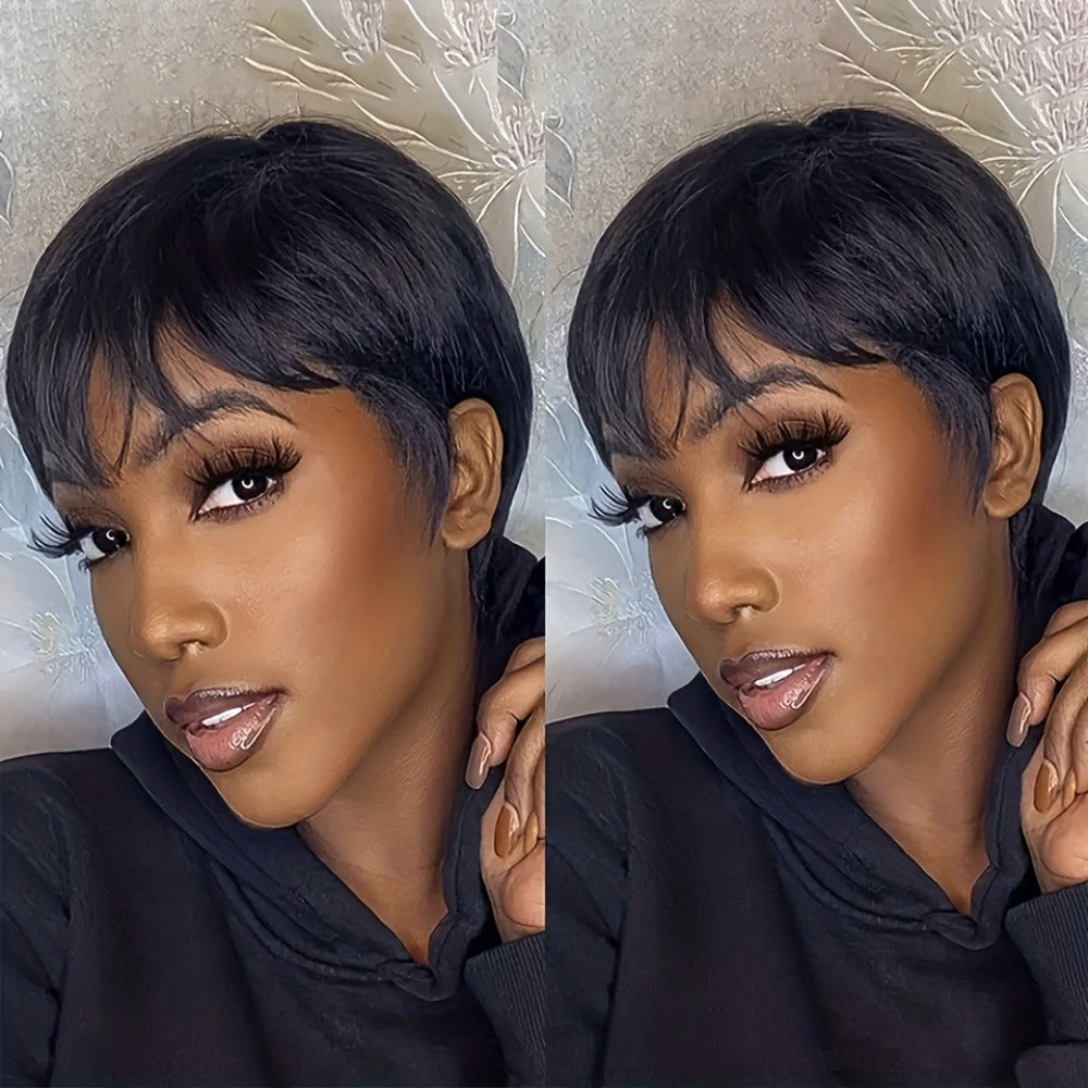 Straight Pixie Human Hair Wig with Bangs, Black 6-Inch Length and Approximately 22.5-Inch Cap