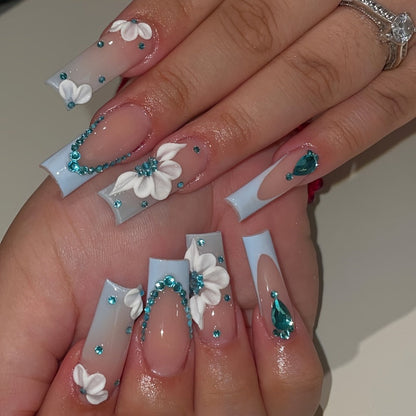 Press On Nails 96-Piece Long Ballerina Blue Gradient 3D Flower Butterfly Set with Four Bracelets
