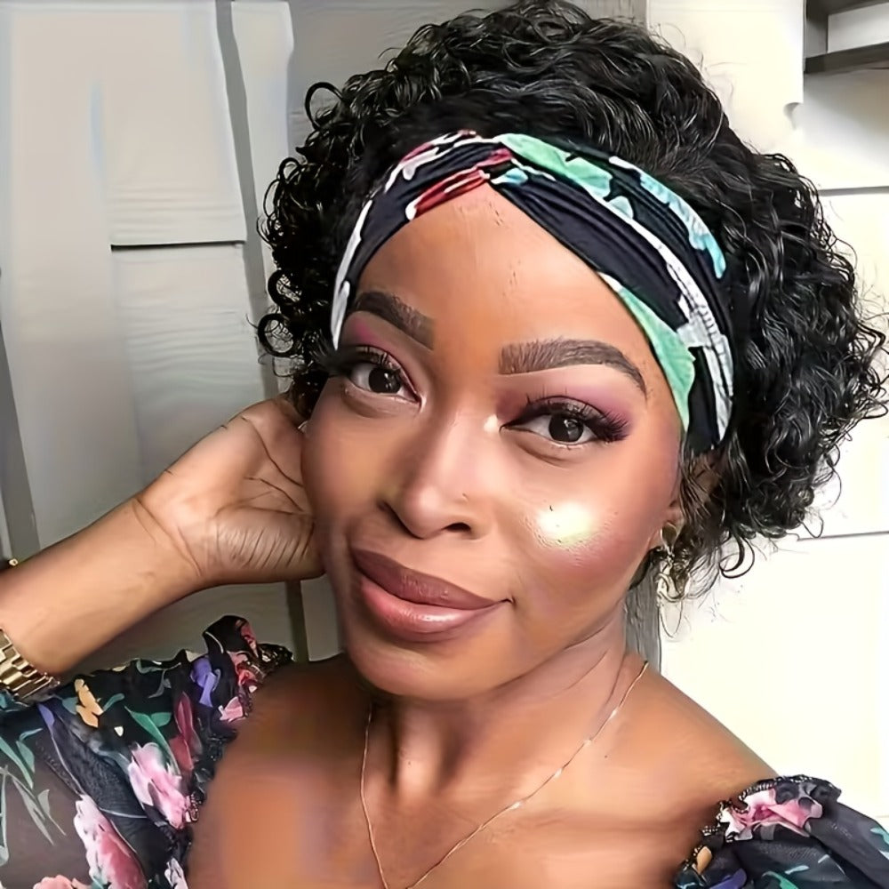 Kinky Curly Headband Wig Human Hair Brazilian 150% Density Glueless 6 Inch | No Glue No Gel Black Burgundy Rust | Beginner Friendly Daily