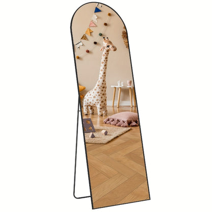 Full Length Mirror 59"x16" Arched Leaning Wall Mirror, Aluminum Alloy Thin Frame, Vertical or Tilted, Black & Gold